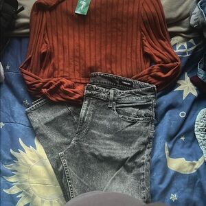 Bonobos Charcoal Jeans and Rust Top
